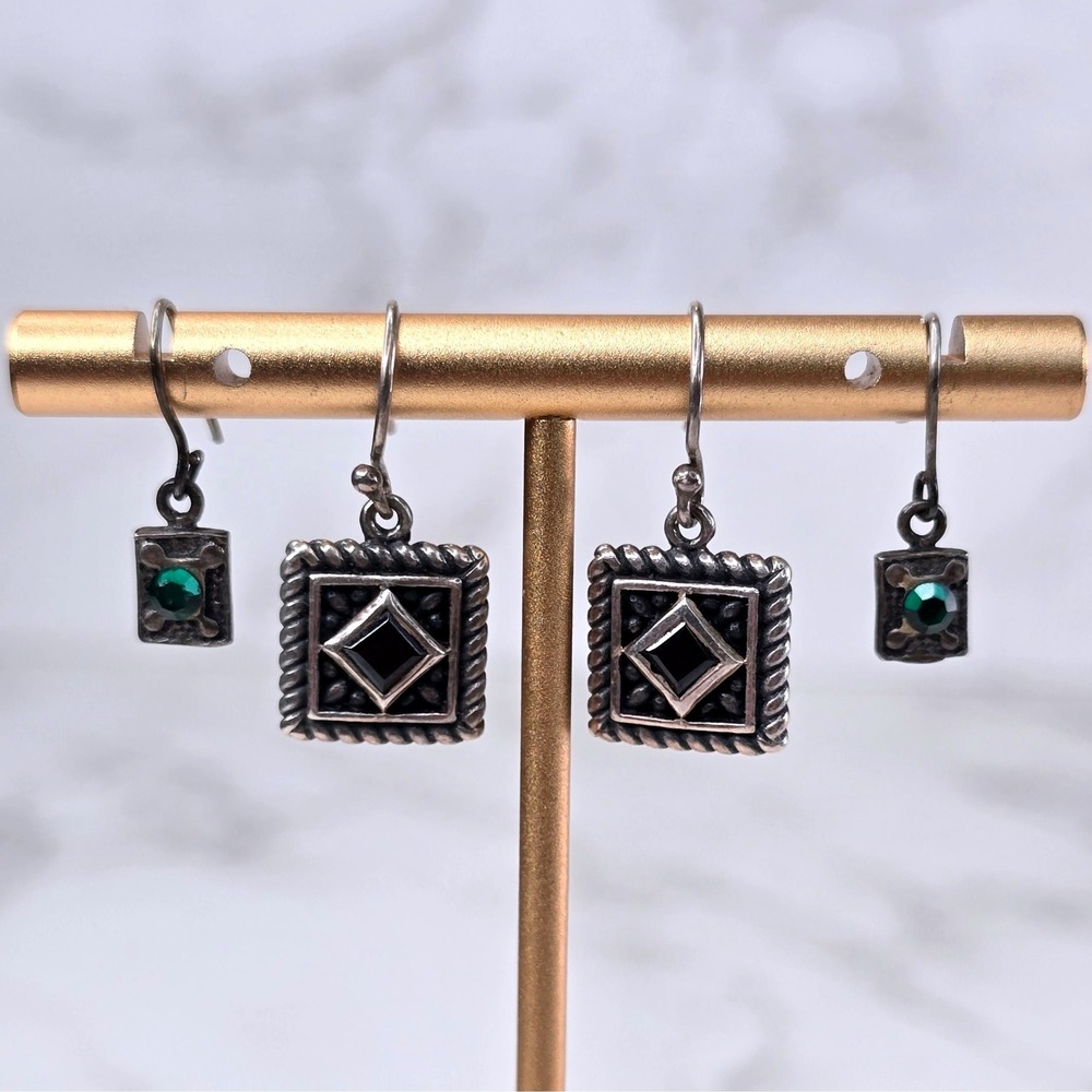 Vintage Sterling Silver 925 Earring Set Black Onyx & Square Green Stone